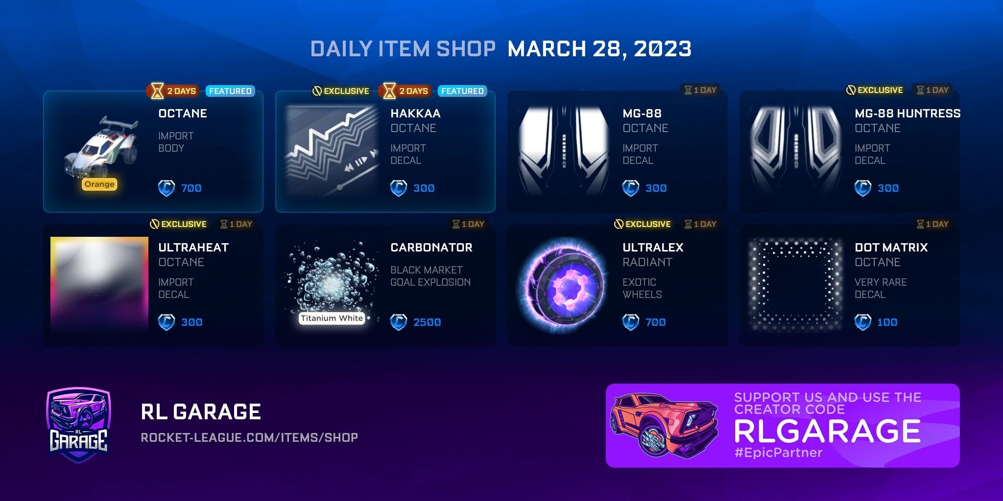 Whats new in the rocket league item shop today? Check out the latest cool cars and cosmetics now!