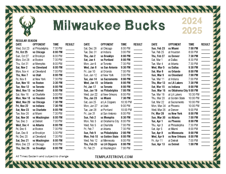 milwaukee bucks schedule printable (This is your best source for the complete seasons game dates and times)
