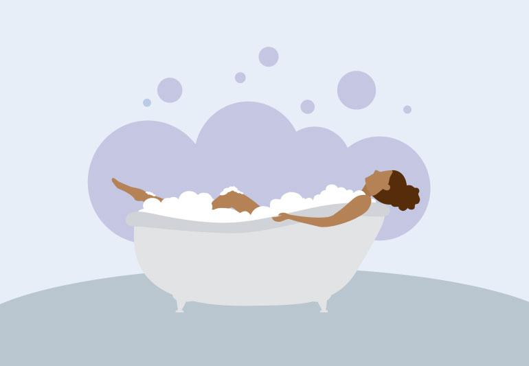 Women in bath benefits for relaxation. (Discover health secrets here.)